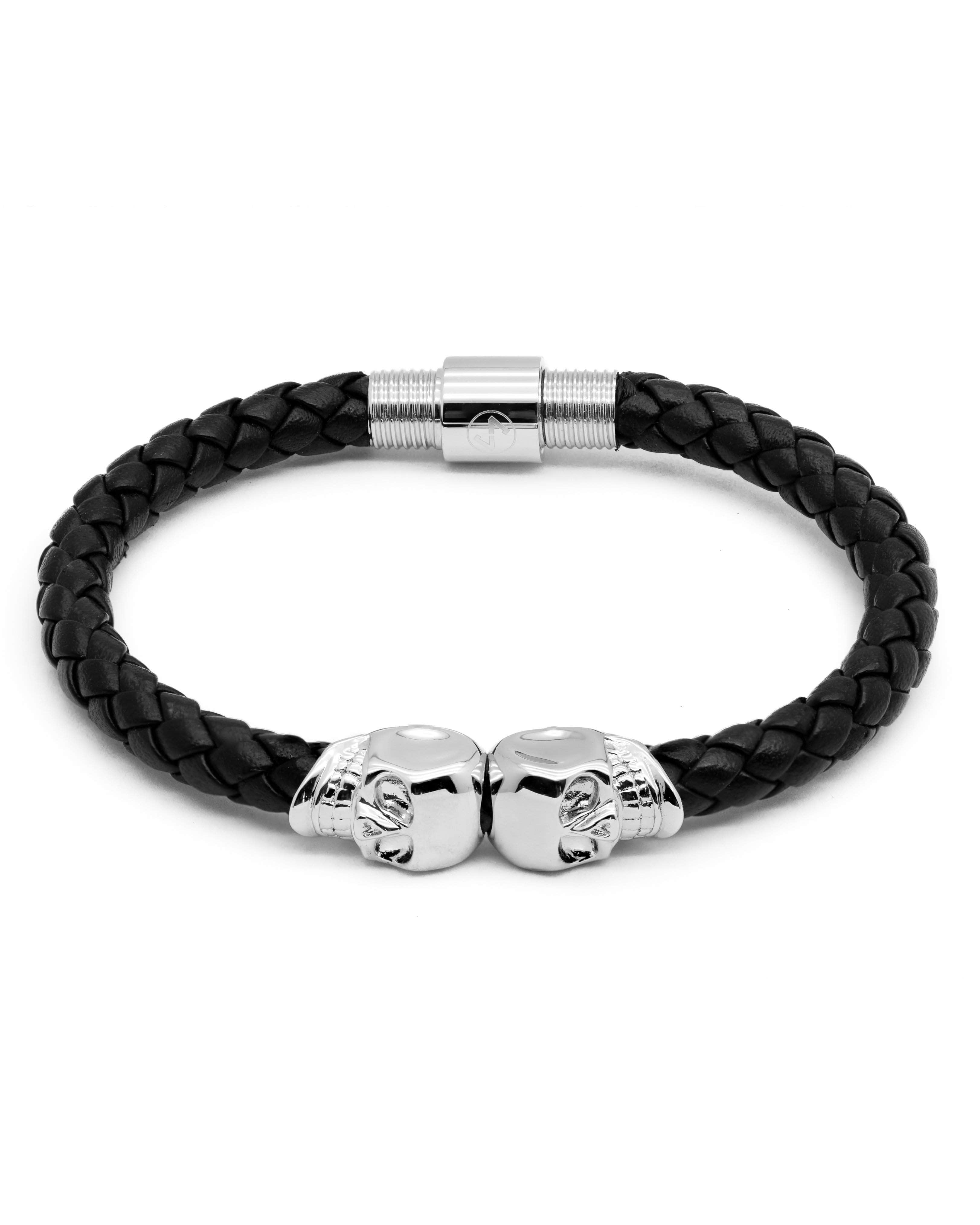 TWIN SKULLS BLACK LEATHER WHITE GOLD Jacob Posh