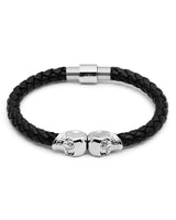 TWIN SKULLS / BLACK LEATHER & WHITE GOLD