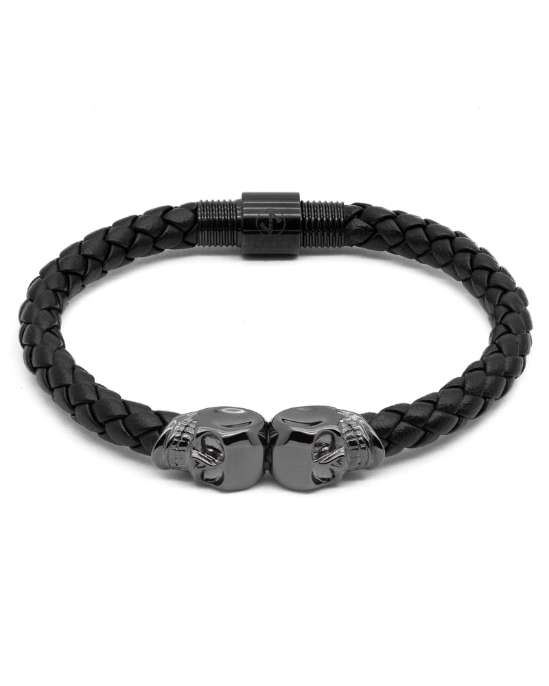 TWIN SKULL / BLACK LEATHER & GUNMETAL