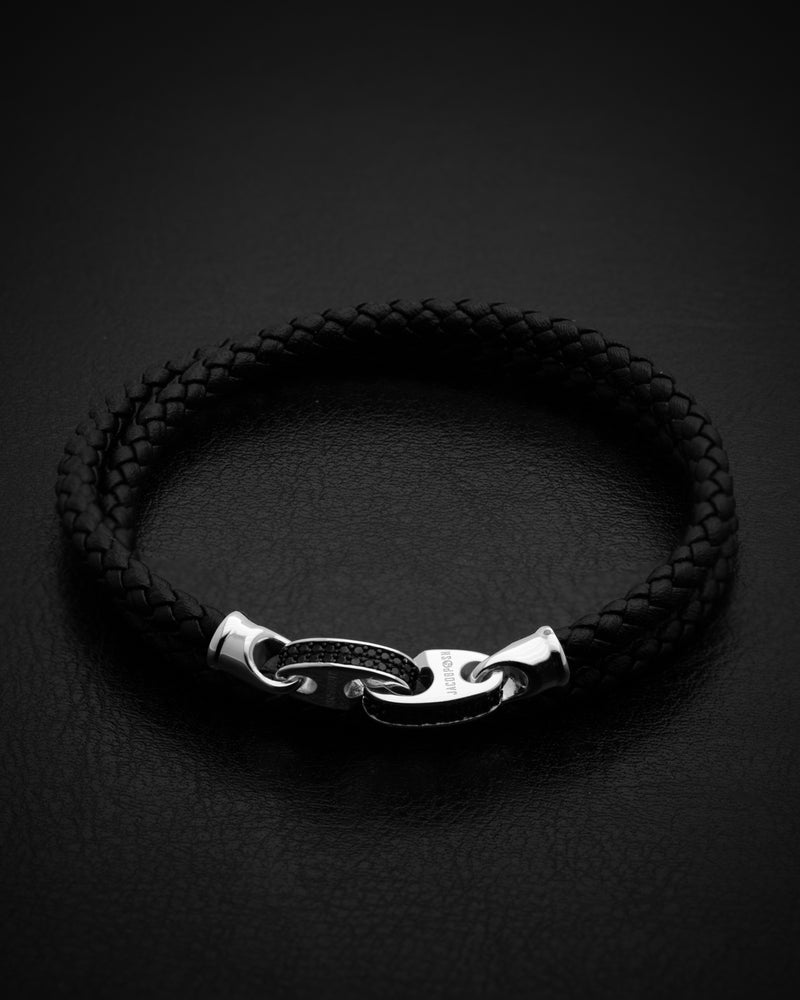 Solid silver hooks bracelet & Black Leather